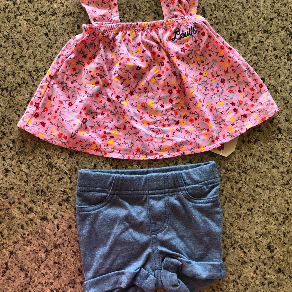 Levi’s- 2 pc. Short set.  Pink flowered shirt and knit denim shorts